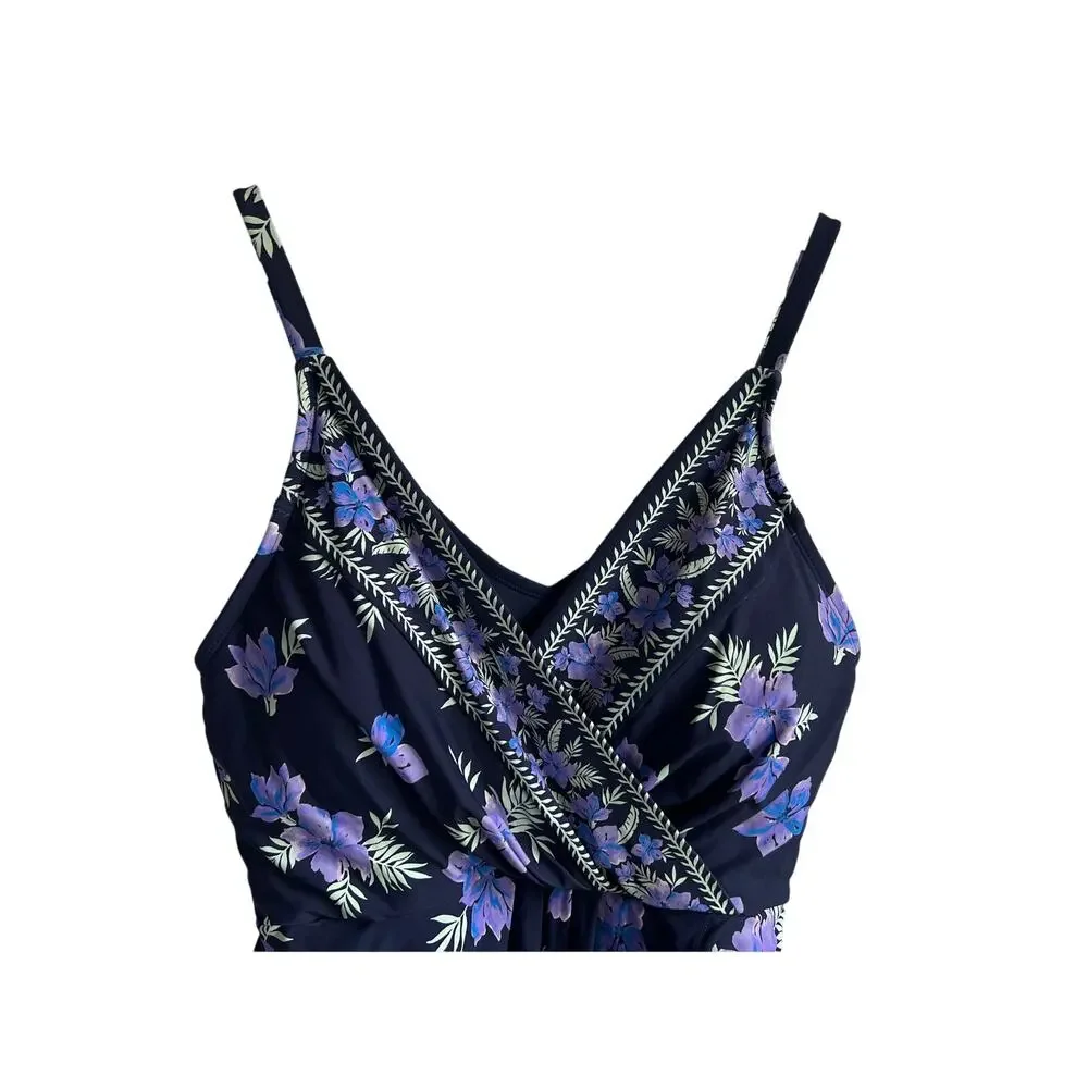 Lands' End Wmns XLARGE V-neck Tulip Wrap UPF 50 Swimsuit One Piece Navy Purple